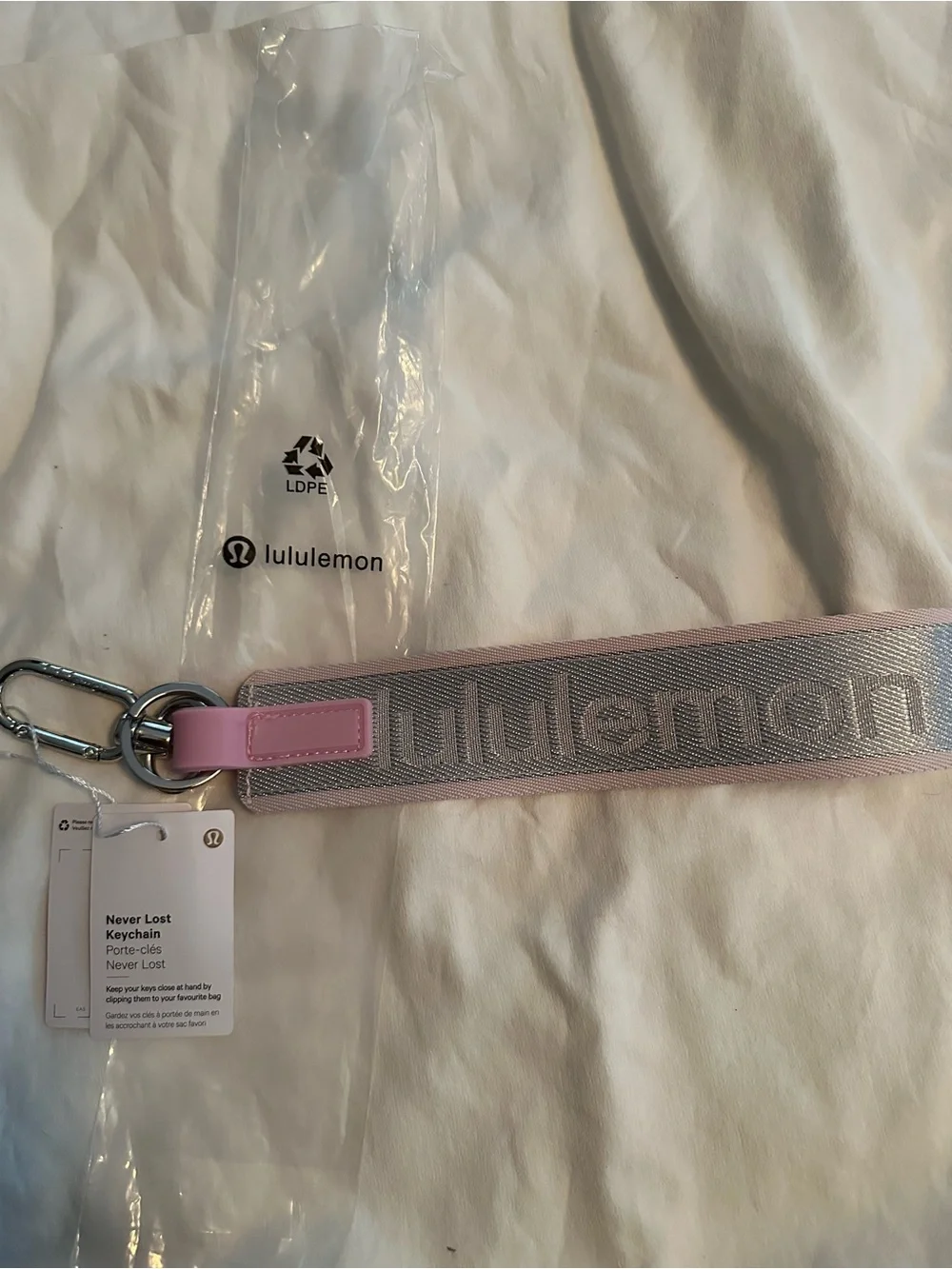 lululemon Pink and Silver Never Lost Keychain Strap